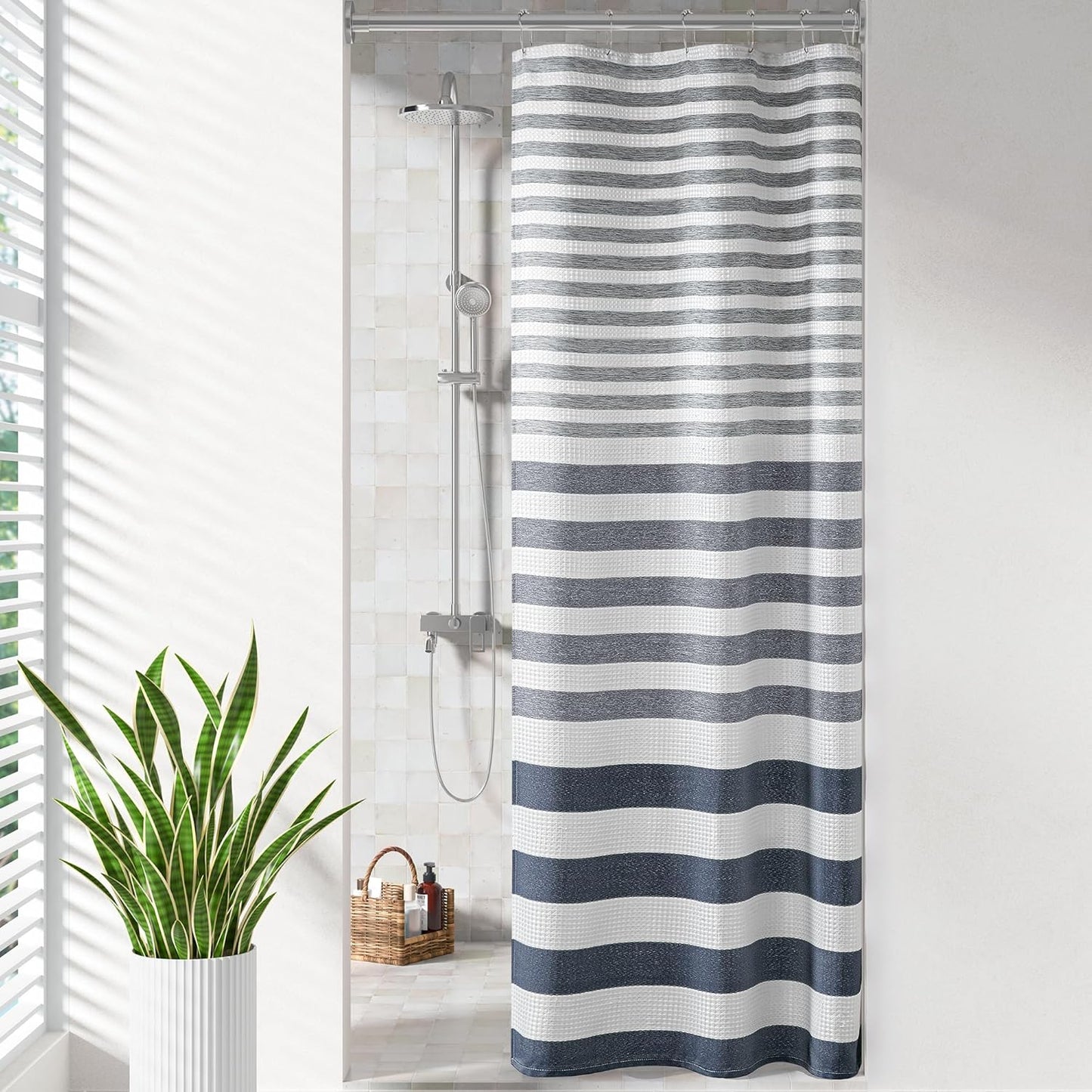 Madison Park Shower Curtain Waffle Weave Striped Pieced Design Fabric Shower Curtains for Bathroom with 3M Scotchgard Moisture Management Premium Spa Quality Modern Standard 72"x72" Grey