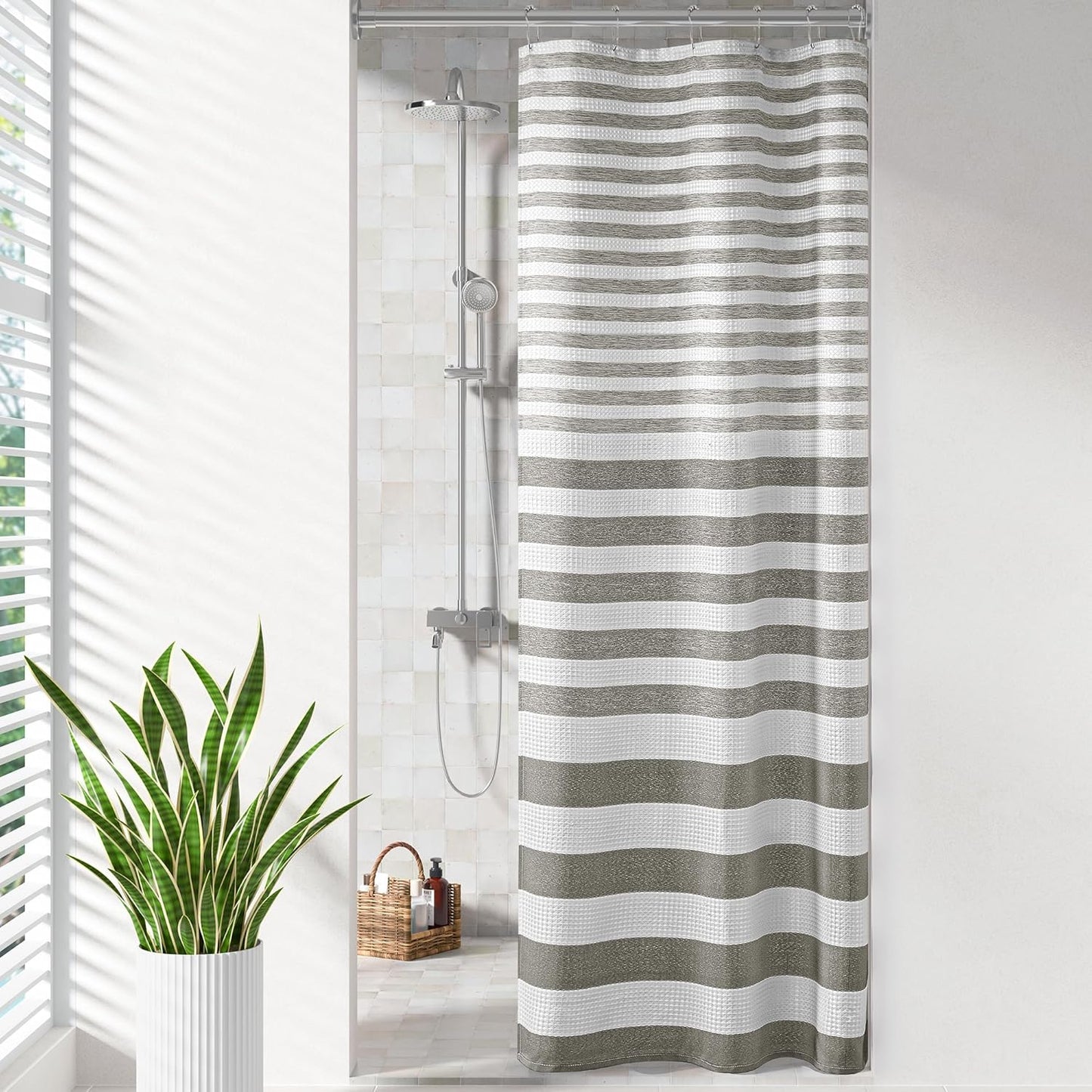 Madison Park Shower Curtain Waffle Weave Striped Pieced Design Fabric Shower Curtains for Bathroom with 3M Scotchgard Moisture Management Premium Spa Quality Modern Standard 72"x72" Grey