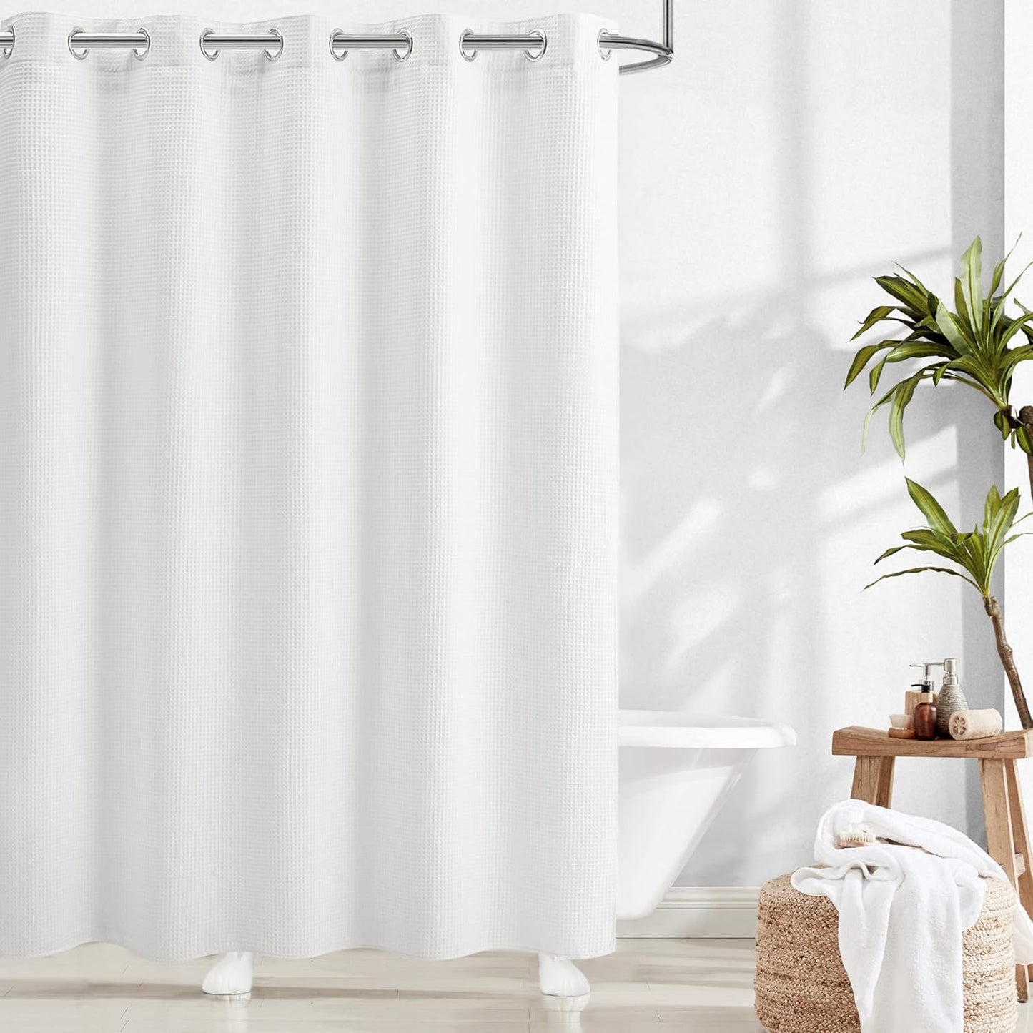 River Dream White Waffle Weave Shower Curtain with Snap-in Liner,Cotton Blend Fabric Heavy Duty,No Hooks Needed Shower Curtain for Bathroom,Hotel Quality Shower Curtain Set,71 x 74 inches