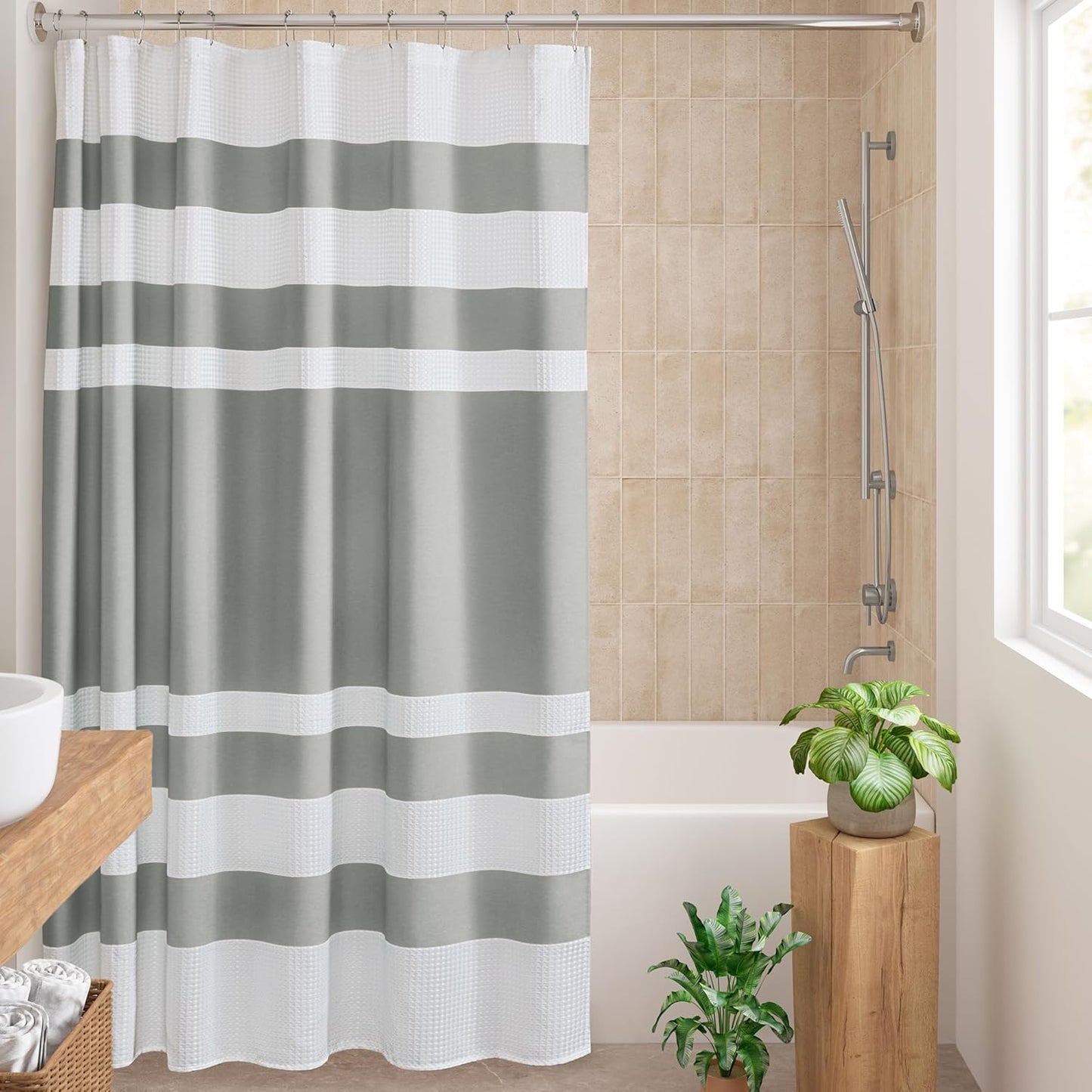 Madison Park Shower Curtain Waffle Weave Striped Pieced Design Fabric Shower Curtains for Bathroom with 3M Scotchgard Moisture Management Premium Spa Quality Modern Standard 72"x72" Grey