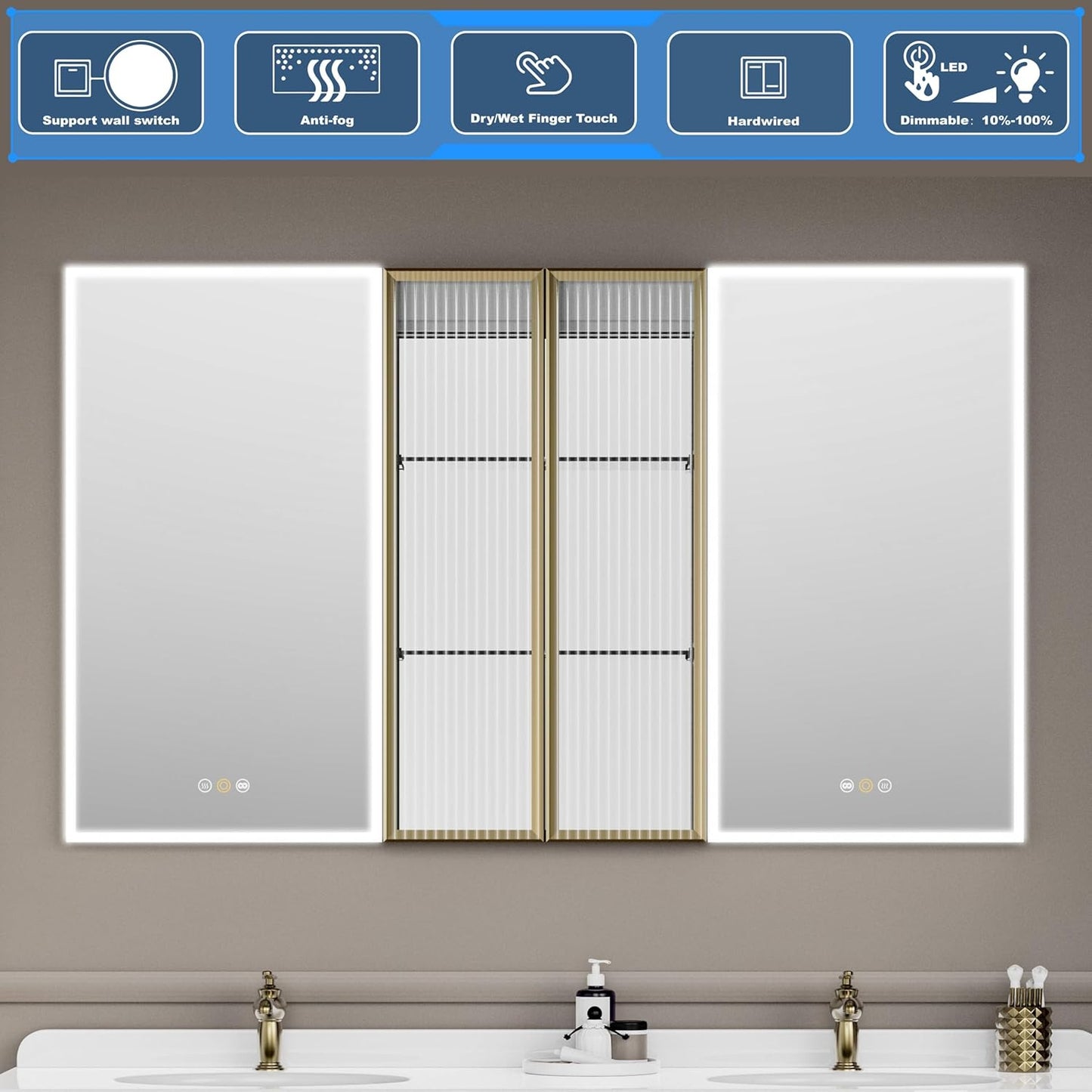 Recessed Medicine Cabinet with Mirror, Medicine Cabinets for Bathroom, 60”W X 36”H, Defogger, Dimmer, Outlets & USB, Four Doors