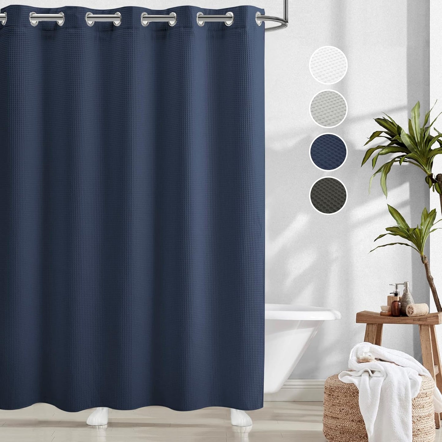 River Dream White Waffle Weave Shower Curtain with Snap-in Liner,Cotton Blend Fabric Heavy Duty,No Hooks Needed Shower Curtain for Bathroom,Hotel Quality Shower Curtain Set,71 x 74 inches