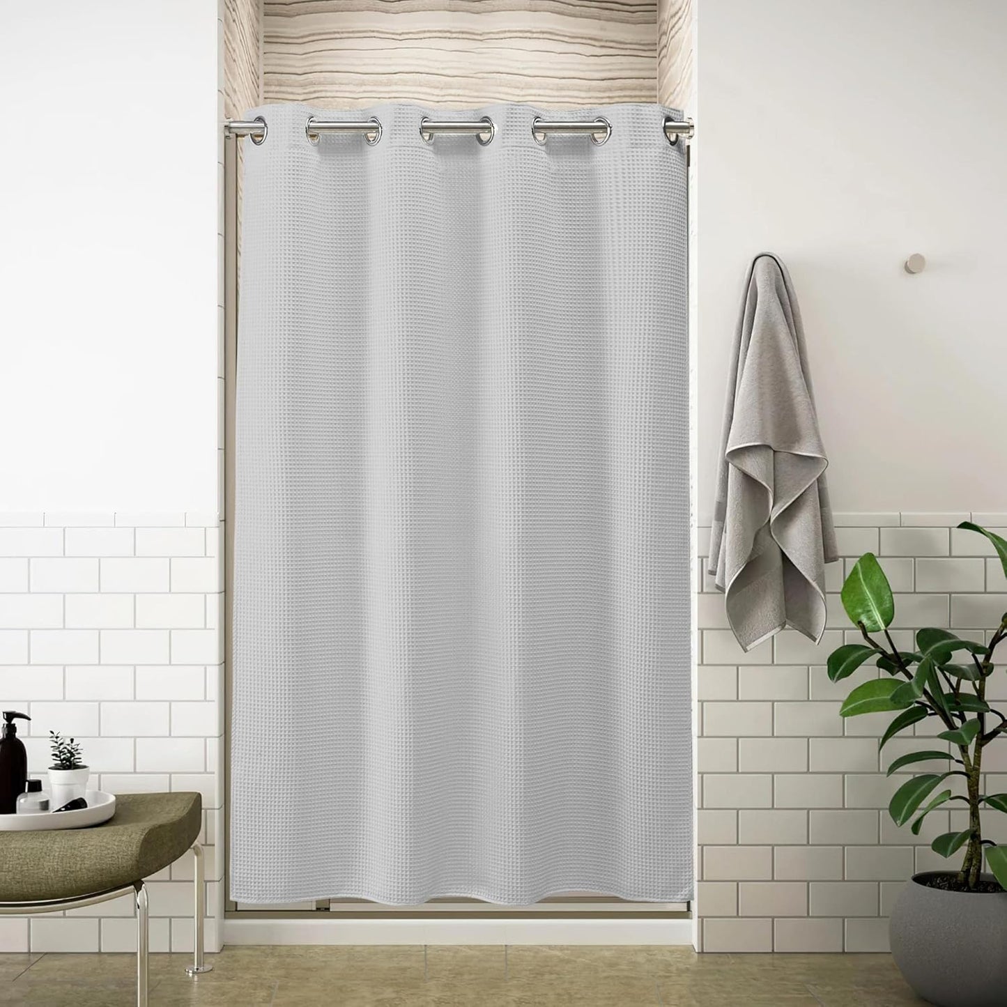 River Dream White Waffle Weave Shower Curtain with Snap-in Liner,Cotton Blend Fabric Heavy Duty,No Hooks Needed Shower Curtain for Bathroom,Hotel Quality Shower Curtain Set,71 x 74 inches