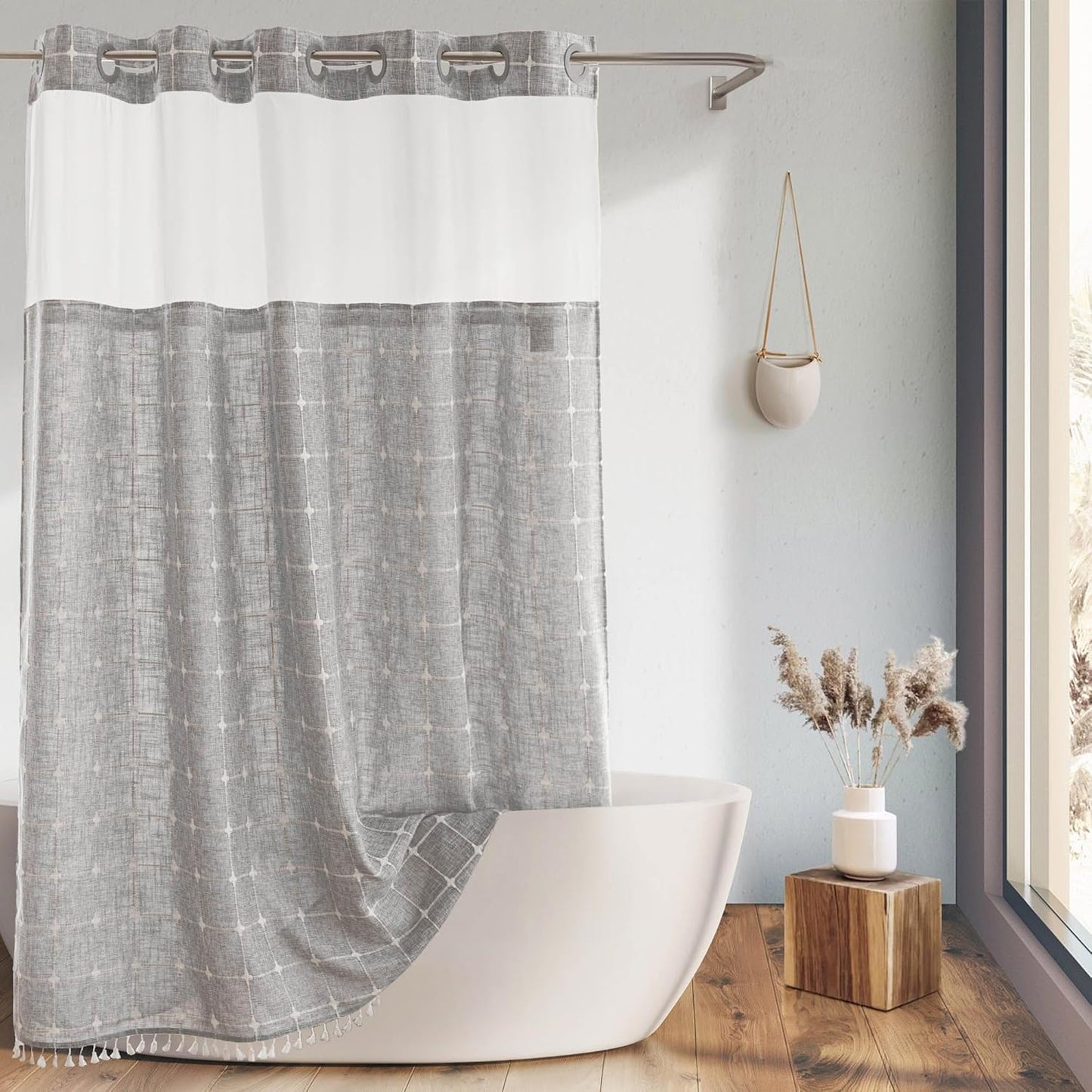 River Dream Farmhouse Linen Textured Shower Curtain with Snap-in Liner Set, No Hooks Needed, with Tassels for Rustic Bathroom Decor,with Window,with Magnets,Linen,71Wx74H