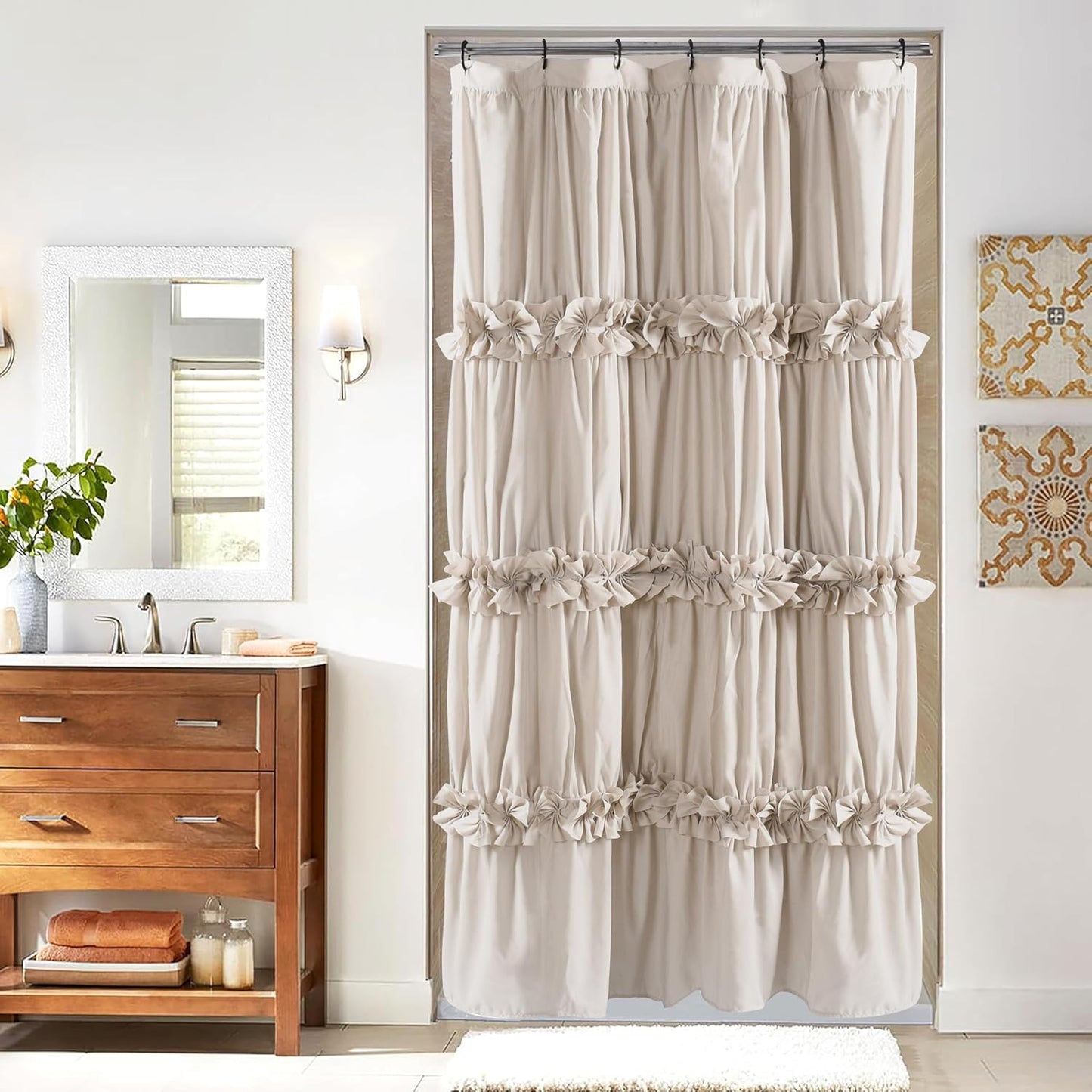 Victorian Ruffle Shower Curtain, Vintage Handcrafted Bow Tie Bath Curtain for Master Bathroom, Ruched Microfiber Bathroom Curtain with 12 Buttonholes, 72" W x 84" H, White (LQ-10)