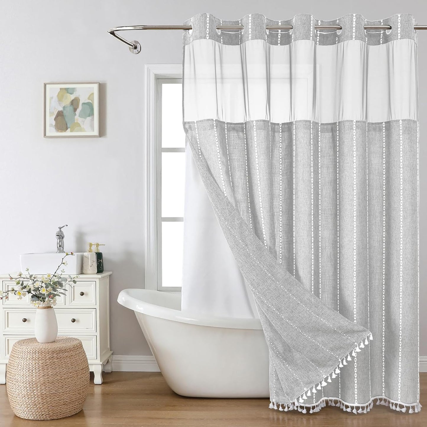 Boho Farmhouse No Hook Shower Curtain Set with Snap-in Fabric Liner,Heavy-Duty Linen Textured Rustic Striped Design,Water-Repellent with Tassels and Sheer Window,Cream/Beige,71x74