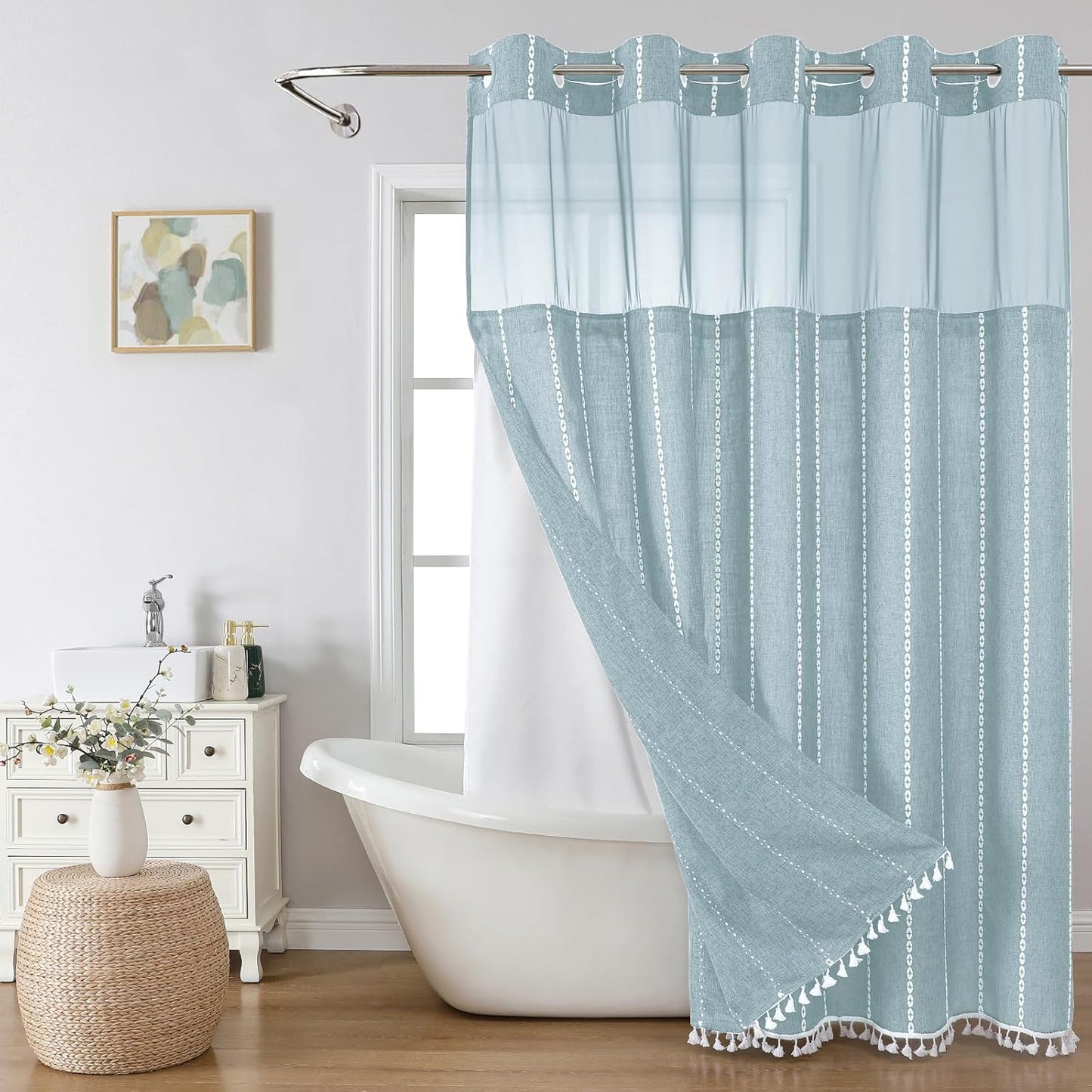 Boho Farmhouse No Hook Shower Curtain Set with Snap-in Fabric Liner,Heavy-Duty Linen Textured Rustic Striped Design,Water-Repellent with Tassels and Sheer Window,Cream/Beige,71x74