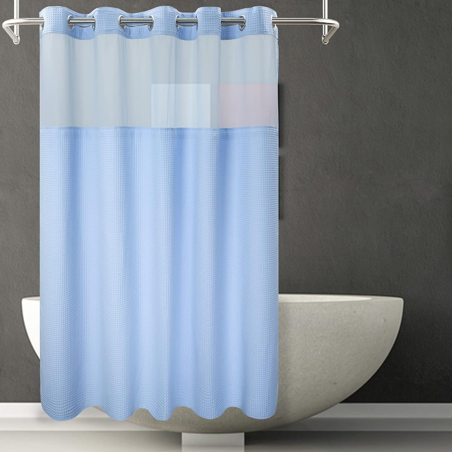 River Dream White Fabric Shower Curtain Set, Cotton Blend, Waffle Weave, with Snap in Replacement Liner,71 x 74 inches