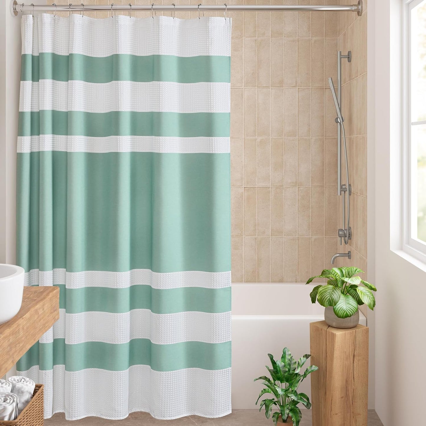 Madison Park Shower Curtain Waffle Weave Striped Pieced Design Fabric Shower Curtains for Bathroom with 3M Scotchgard Moisture Management Premium Spa Quality Modern Standard 72"x72" Grey