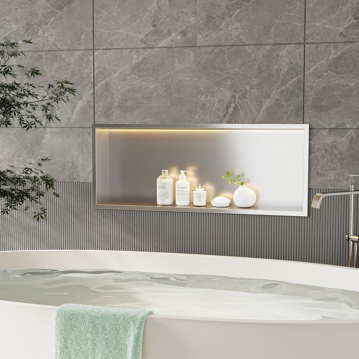 Neodrain Recessed LED Shower Niche, Brushed 30X12 in Waterproof Stainless Steel Wall Niche, 3000K LED Strip No Tile Needed Cabinet for Bathroom Storage