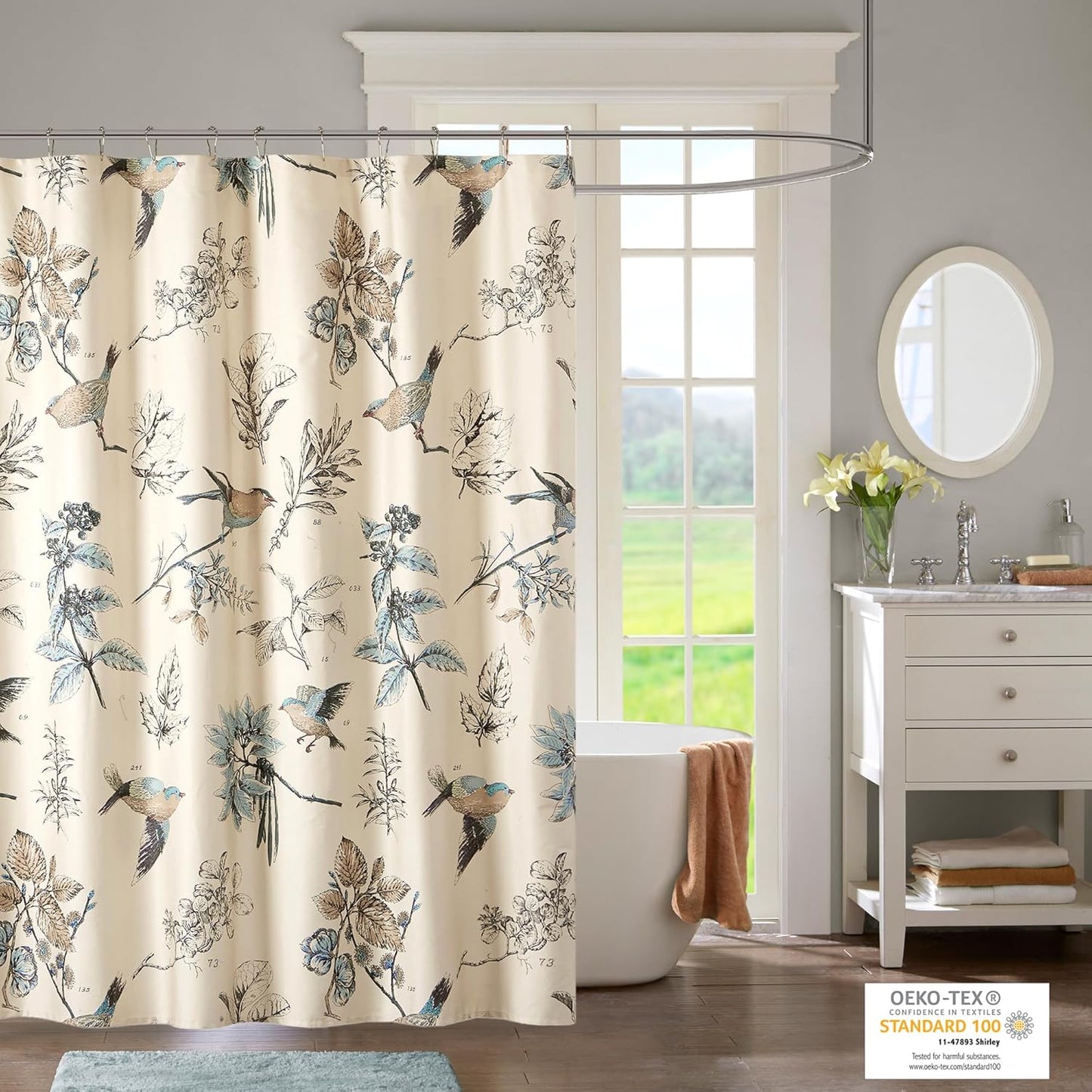 Madison Park Shower Curtain, Bird & Leaf Print, Farmhouse Shower Curtain for Bathroom, Modern Country Bathroom Décor, Machine Washable, Cotton Shower Curtain, Quincy, 72x72" Khaki