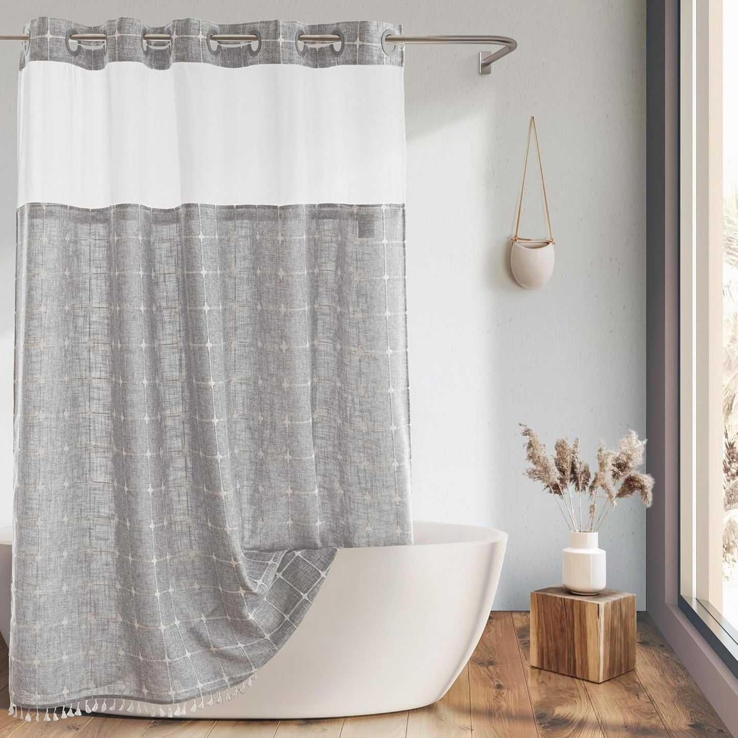 River Dream Farmhouse Linen Textured Shower Curtain with Snap-in Liner Set, No Hooks Needed, with Tassels for Rustic Bathroom Decor,with Window,with Magnets,Linen,71Wx74H