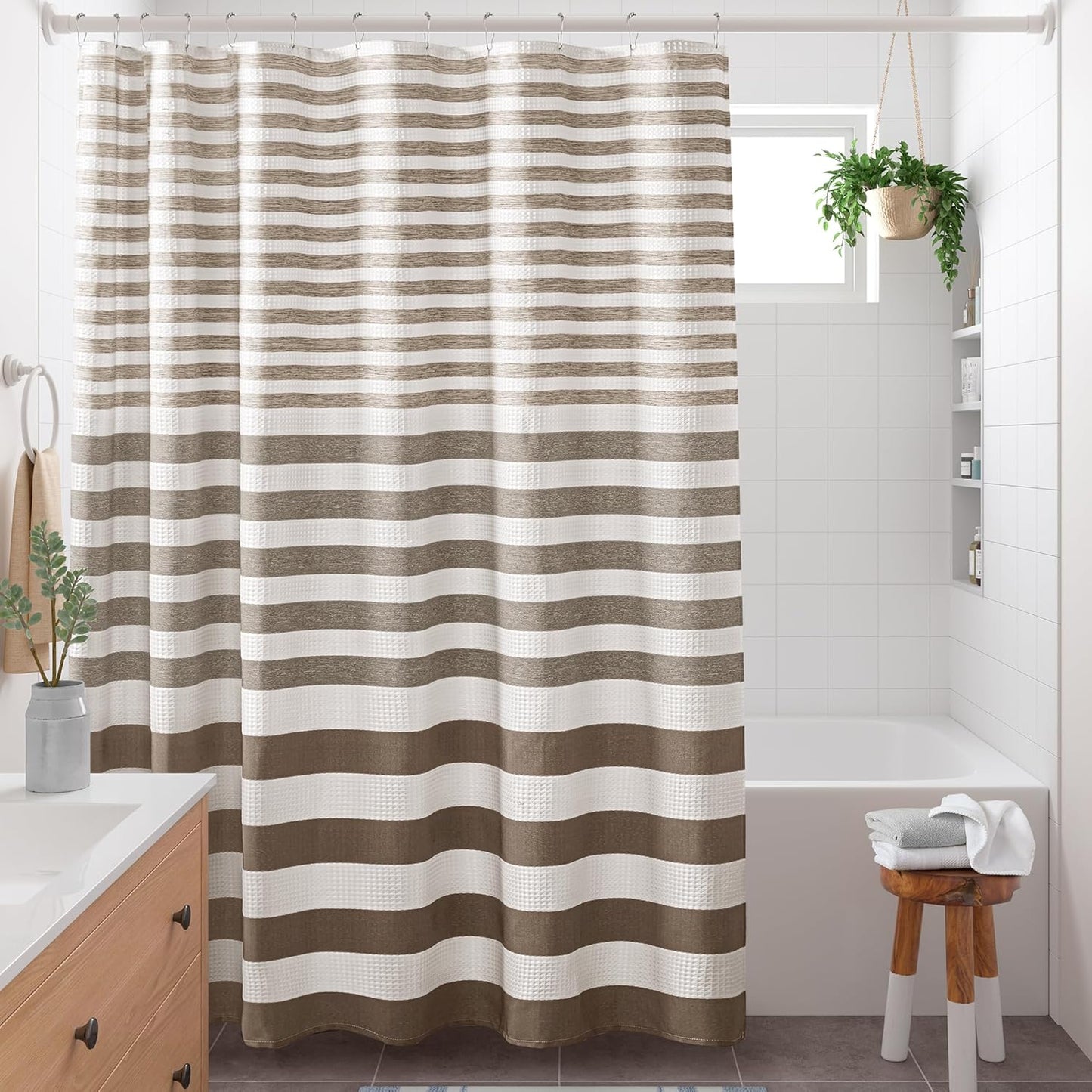 Madison Park Shower Curtain Waffle Weave Striped Pieced Design Fabric Shower Curtains for Bathroom with 3M Scotchgard Moisture Management Premium Spa Quality Modern Standard 72"x72" Grey