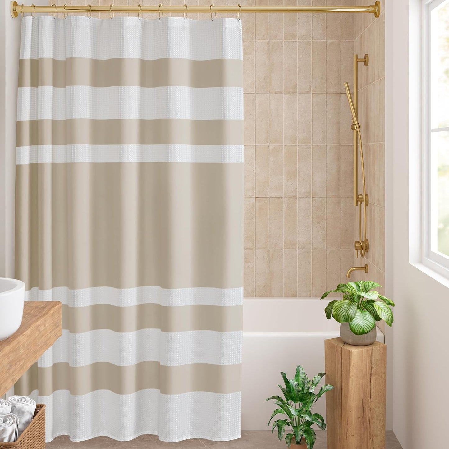 Madison Park Shower Curtain Waffle Weave Striped Pieced Design Fabric Shower Curtains for Bathroom with 3M Scotchgard Moisture Management Premium Spa Quality Modern Standard 72"x72" Grey