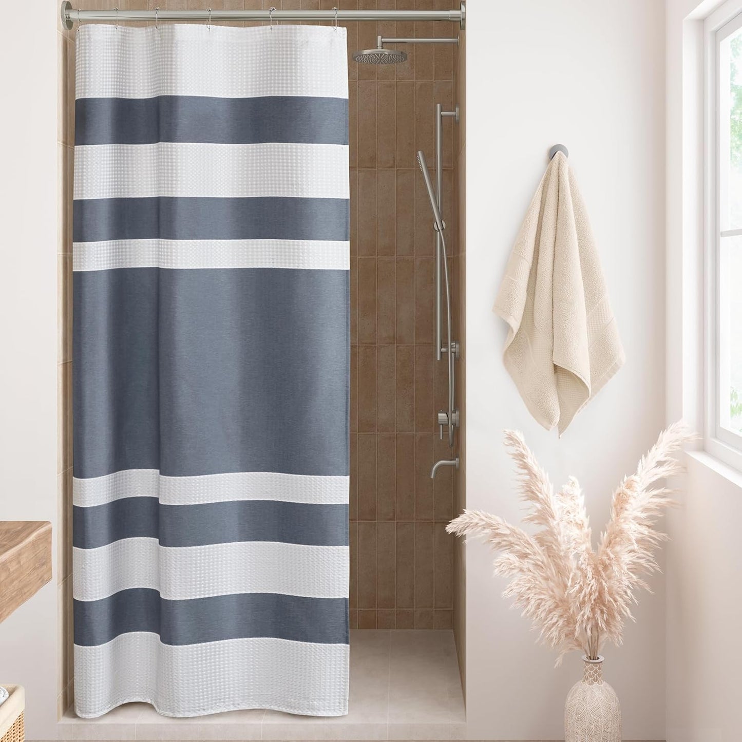 Madison Park Shower Curtain Waffle Weave Striped Pieced Design Fabric Shower Curtains for Bathroom with 3M Scotchgard Moisture Management Premium Spa Quality Modern Standard 72"x72" Grey