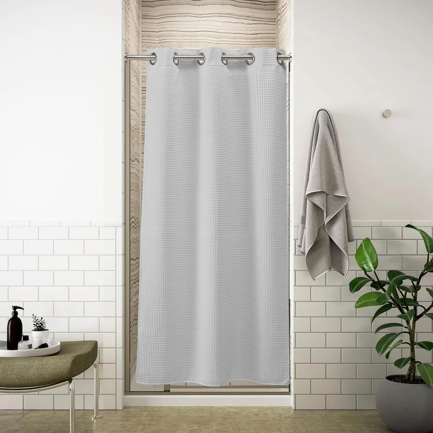 River Dream White Waffle Weave Shower Curtain with Snap-in Liner,Cotton Blend Fabric Heavy Duty,No Hooks Needed Shower Curtain for Bathroom,Hotel Quality Shower Curtain Set,71 x 74 inches