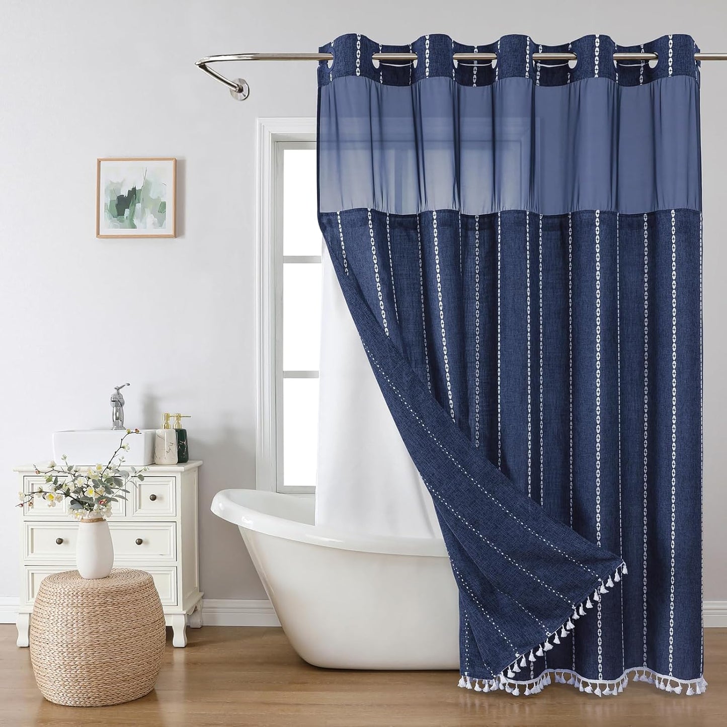 Boho Farmhouse No Hook Shower Curtain Set with Snap-in Fabric Liner,Heavy-Duty Linen Textured Rustic Striped Design,Water-Repellent with Tassels and Sheer Window,Cream/Beige,71x74