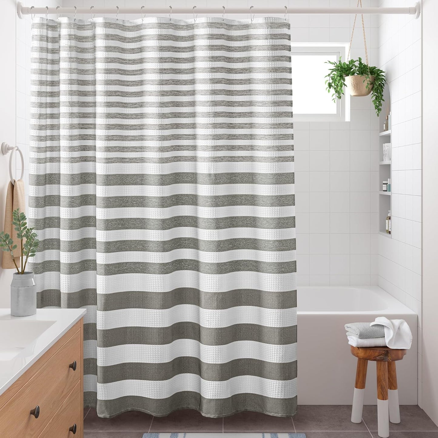 Madison Park Shower Curtain Waffle Weave Striped Pieced Design Fabric Shower Curtains for Bathroom with 3M Scotchgard Moisture Management Premium Spa Quality Modern Standard 72"x72" Grey