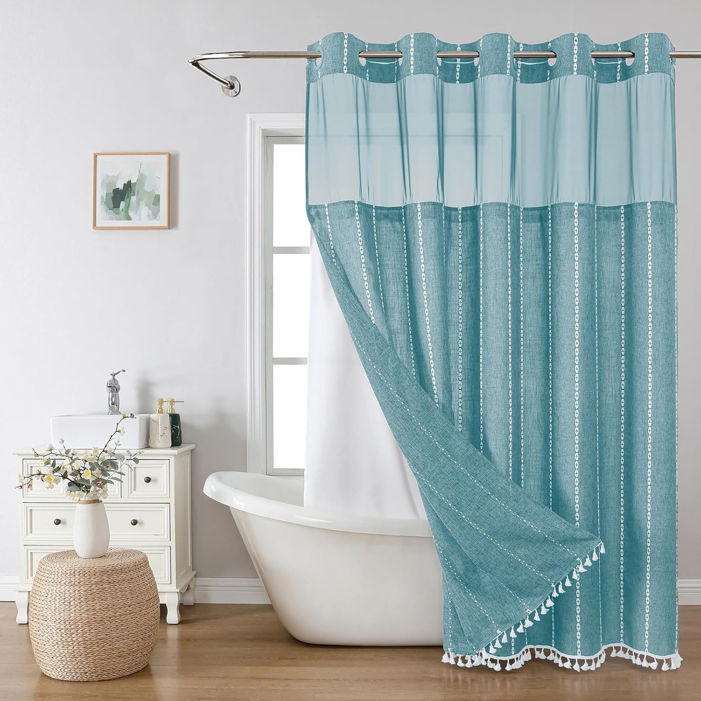 Boho Farmhouse No Hook Shower Curtain Set with Snap-in Fabric Liner,Heavy-Duty Linen Textured Rustic Striped Design,Water-Repellent with Tassels and Sheer Window,Cream/Beige,71x74