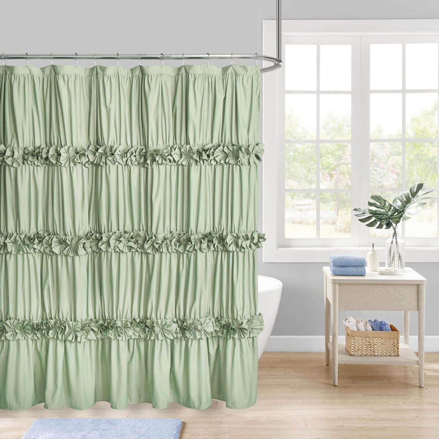 Victorian Ruffle Shower Curtain, Vintage Handcrafted Bow Tie Bath Curtain for Master Bathroom, Ruched Microfiber Bathroom Curtain with 12 Buttonholes, 72" W x 84" H, White (LQ-10)