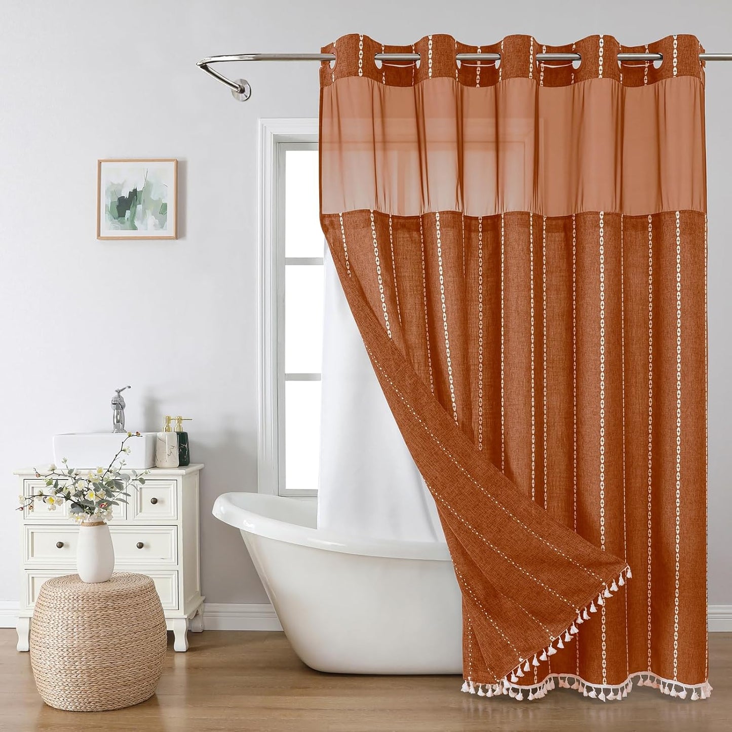 Boho Farmhouse No Hook Shower Curtain Set with Snap-in Fabric Liner,Heavy-Duty Linen Textured Rustic Striped Design,Water-Repellent with Tassels and Sheer Window,Cream/Beige,71x74