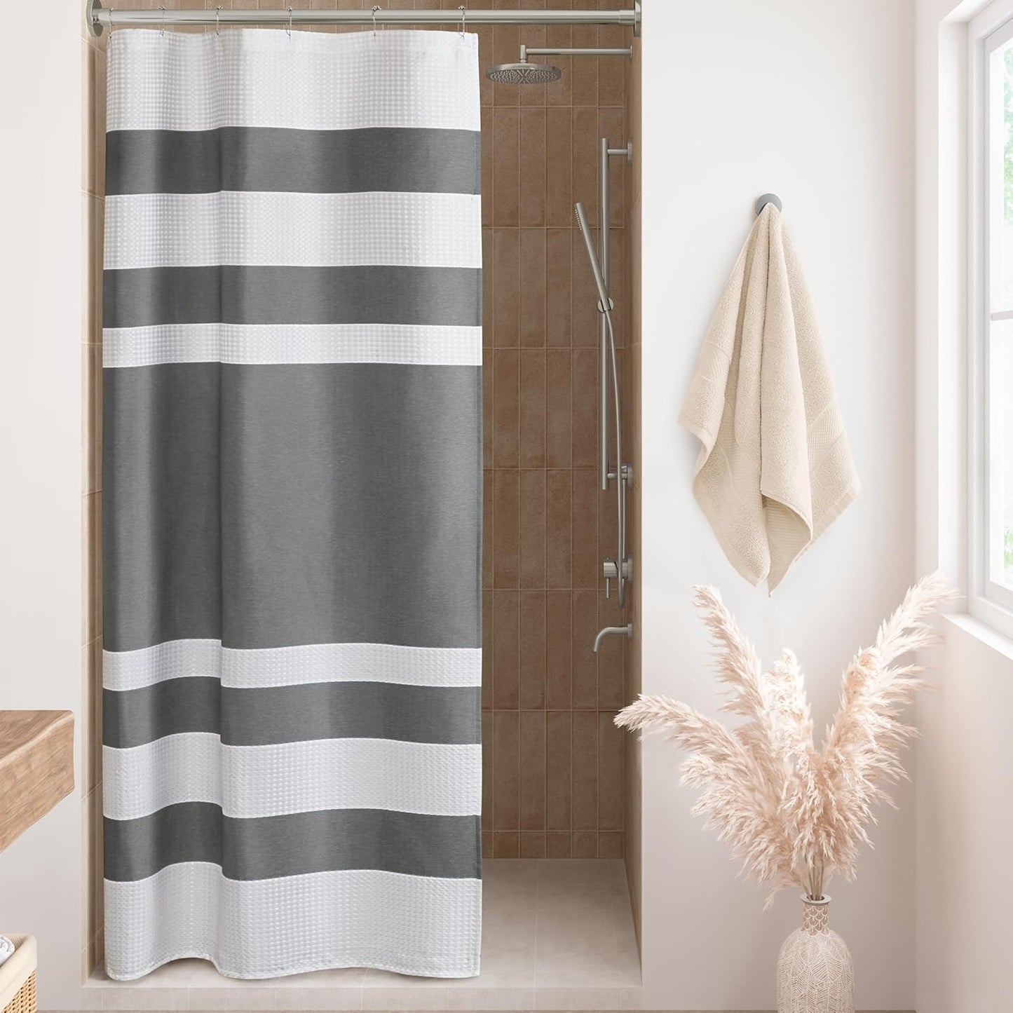 Madison Park Shower Curtain Waffle Weave Striped Pieced Design Fabric Shower Curtains for Bathroom with 3M Scotchgard Moisture Management Premium Spa Quality Modern Standard 72"x72" Grey