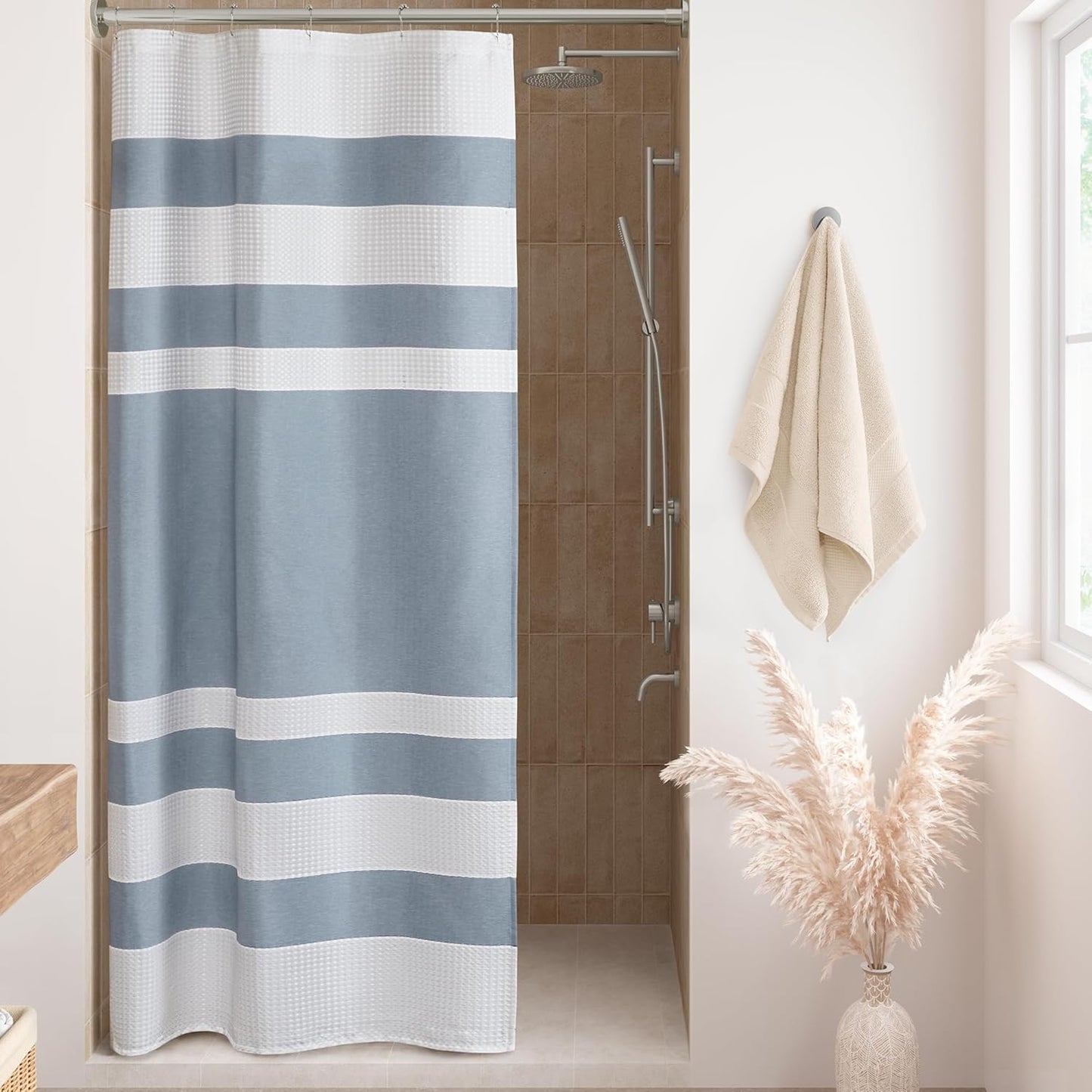 Madison Park Shower Curtain Waffle Weave Striped Pieced Design Fabric Shower Curtains for Bathroom with 3M Scotchgard Moisture Management Premium Spa Quality Modern Standard 72"x72" Grey