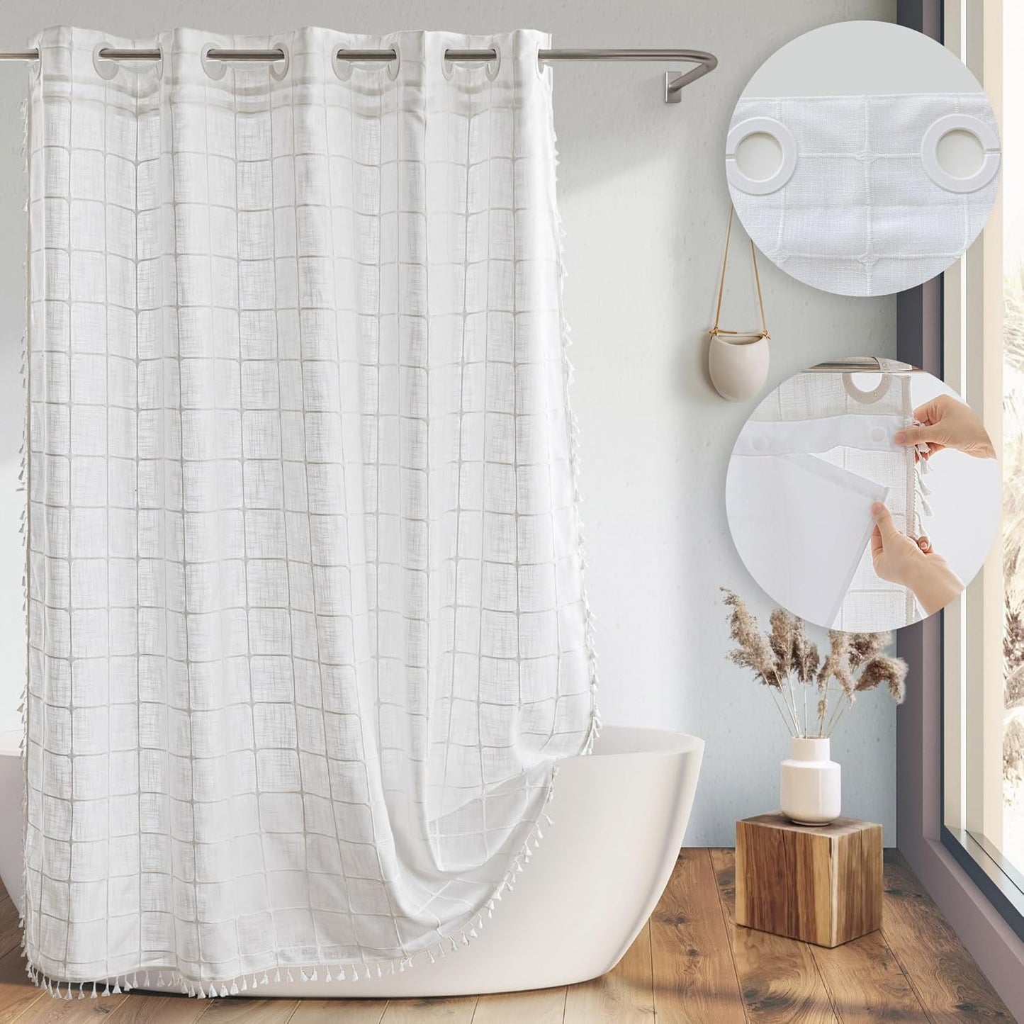 River Dream Farmhouse Linen Textured Shower Curtain with Snap-in Liner Set, No Hooks Needed, with Tassels for Rustic Bathroom Decor,with Window,with Magnets,Linen,71Wx74H