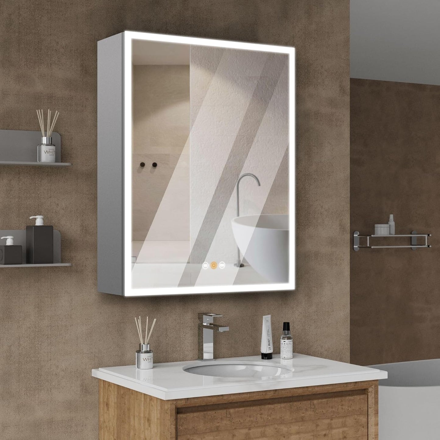 Recessed Medicine Cabinet with Mirror, Medicine Cabinets for Bathroom, 60”W X 36”H, Defogger, Dimmer, Outlets & USB, Four Doors
