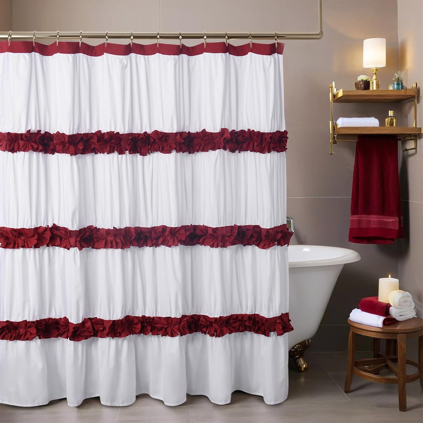 Victorian Ruffle Shower Curtain, Vintage Handcrafted Bow Tie Bath Curtain for Master Bathroom, Ruched Microfiber Bathroom Curtain with 12 Buttonholes, 72" W x 84" H, White (LQ-10)