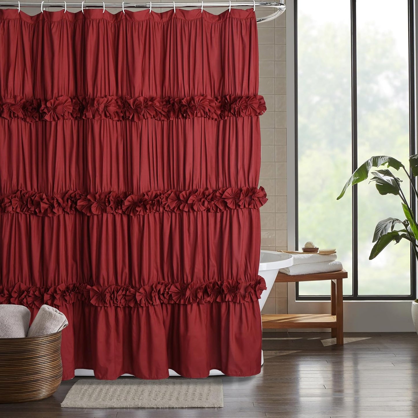 Victorian Ruffle Shower Curtain, Vintage Handcrafted Bow Tie Bath Curtain for Master Bathroom, Ruched Microfiber Bathroom Curtain with 12 Buttonholes, 72" W x 84" H, White (LQ-10)