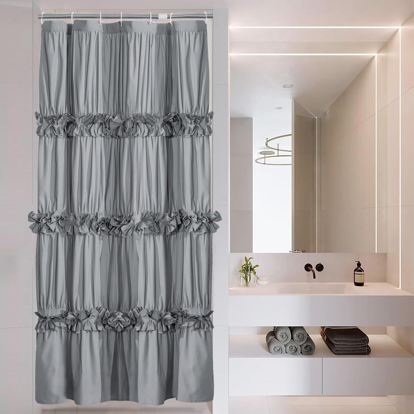 Victorian Ruffle Shower Curtain, Vintage Handcrafted Bow Tie Bath Curtain for Master Bathroom, Ruched Microfiber Bathroom Curtain with 12 Buttonholes, 72" W x 84" H, White (LQ-10)