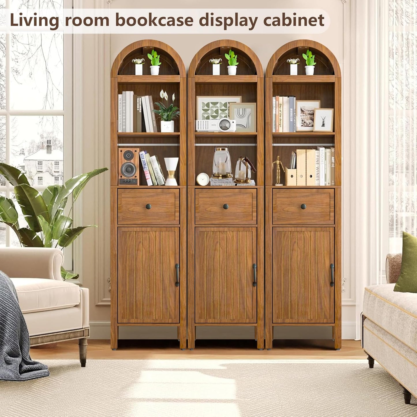 64" Tall Bathroom Storage Cabinet with Adjustable Shelves,Tall Narrow Arched Freestanding Tower Cabinet with Fluted Doors and Drawers,Space Saving Organizer for Bathroom Living Room (Walnut)