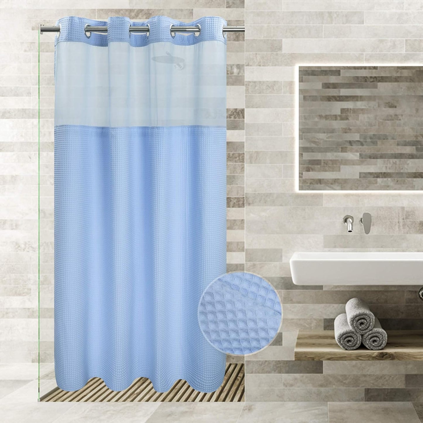 River Dream White Fabric Shower Curtain Set, Cotton Blend, Waffle Weave, with Snap in Replacement Liner,71 x 74 inches