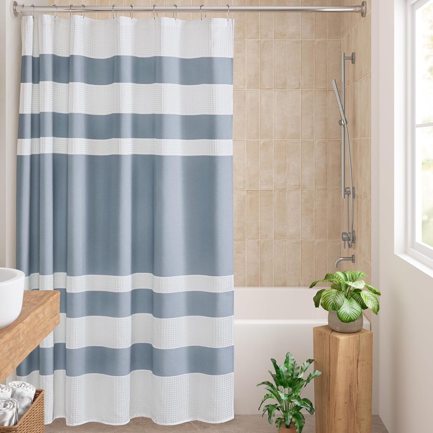 Madison Park Shower Curtain Waffle Weave Striped Pieced Design Fabric Shower Curtains for Bathroom with 3M Scotchgard Moisture Management Premium Spa Quality Modern Standard 72"x72" Grey