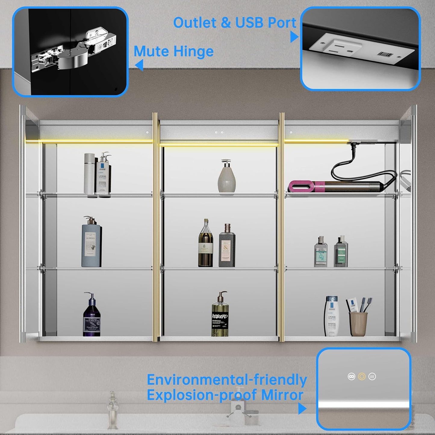 Recessed Medicine Cabinet with Mirror, Medicine Cabinets for Bathroom, 60”W X 36”H, Defogger, Dimmer, Outlets & USB, Four Doors