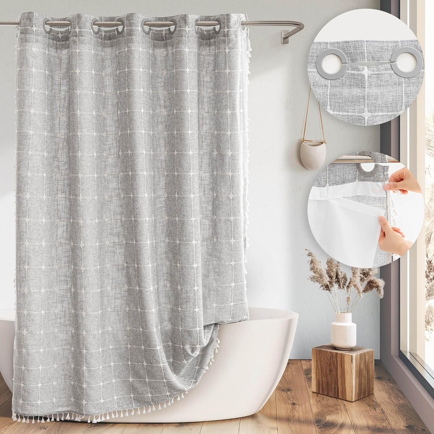 River Dream Farmhouse Linen Textured Shower Curtain with Snap-in Liner Set, No Hooks Needed, with Tassels for Rustic Bathroom Decor,with Window,with Magnets,Linen,71Wx74H