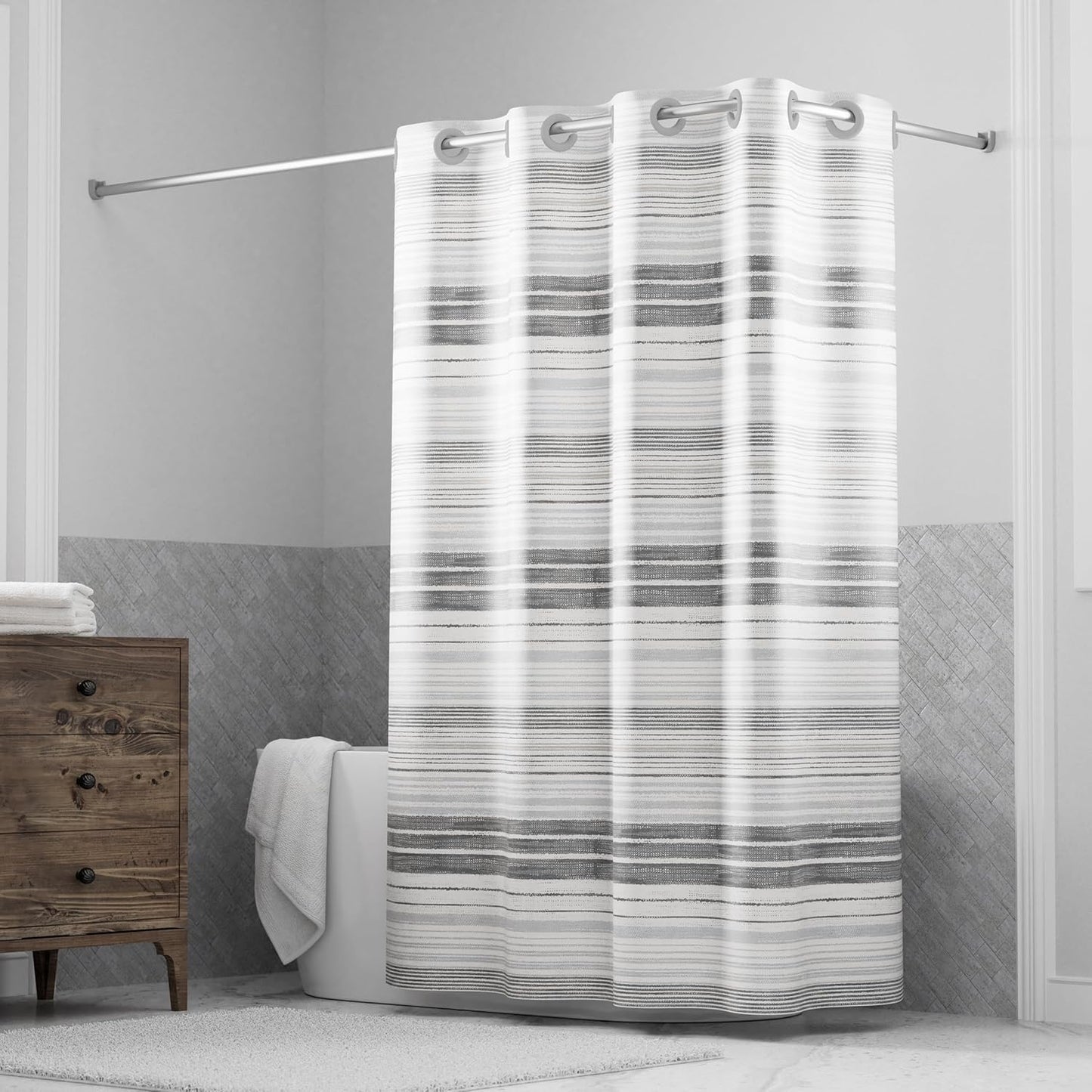 Hookless It's A Snap! Faux Silk Shower Curtain, 3-in-1 Curtain Includes Fabric Shower Curtain with Flex-On Rings & Fabric Liner with Magnets, 71" x 74", Geoometric Ombre Print, Blue