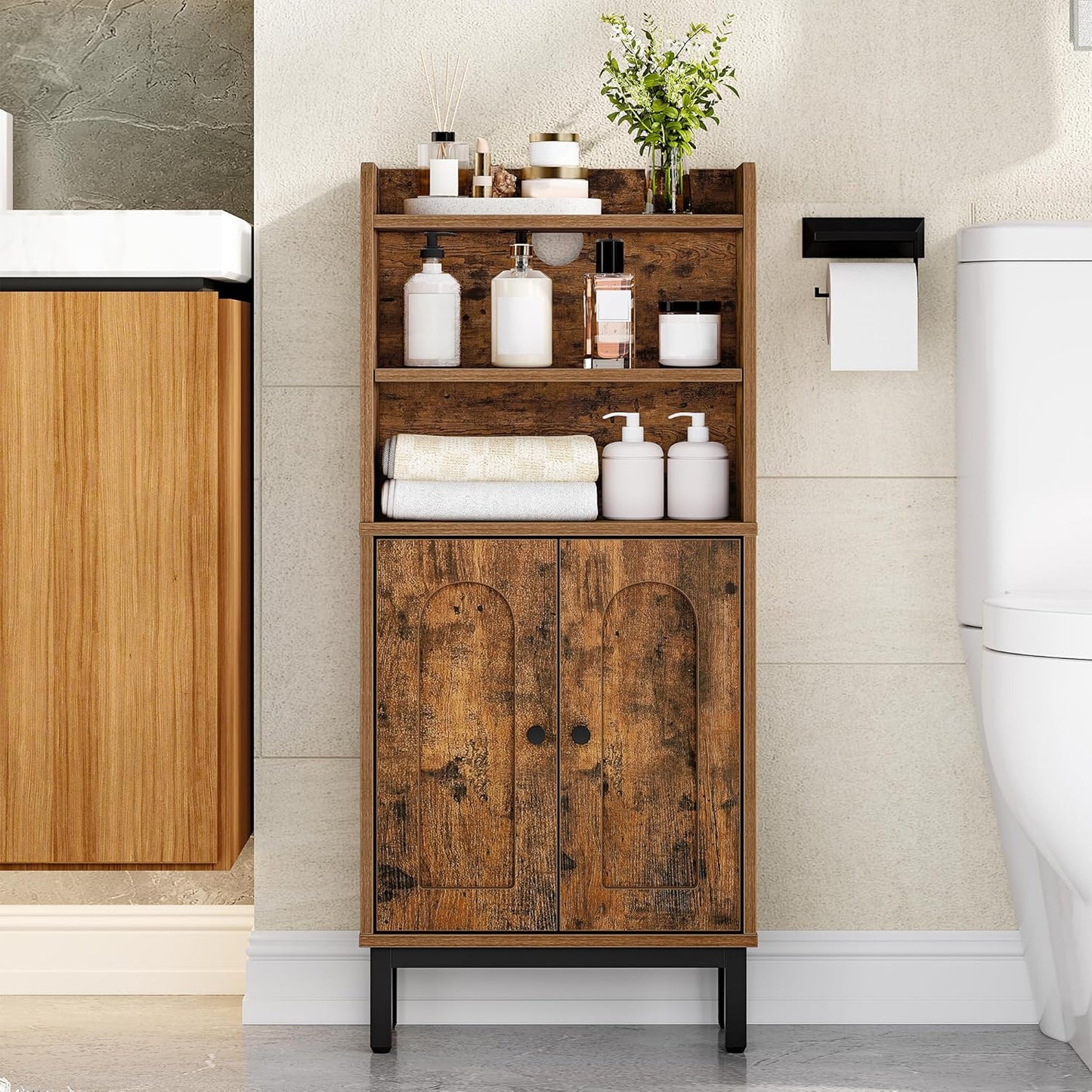 Bathroom Storage Cabinet, Small Floor Cabinet with 2 Door and Shelves, Toilet Paper Cabinets, Bathroom Organizer with Adjustable Shelf, for Small Spaces (Modern, White)
