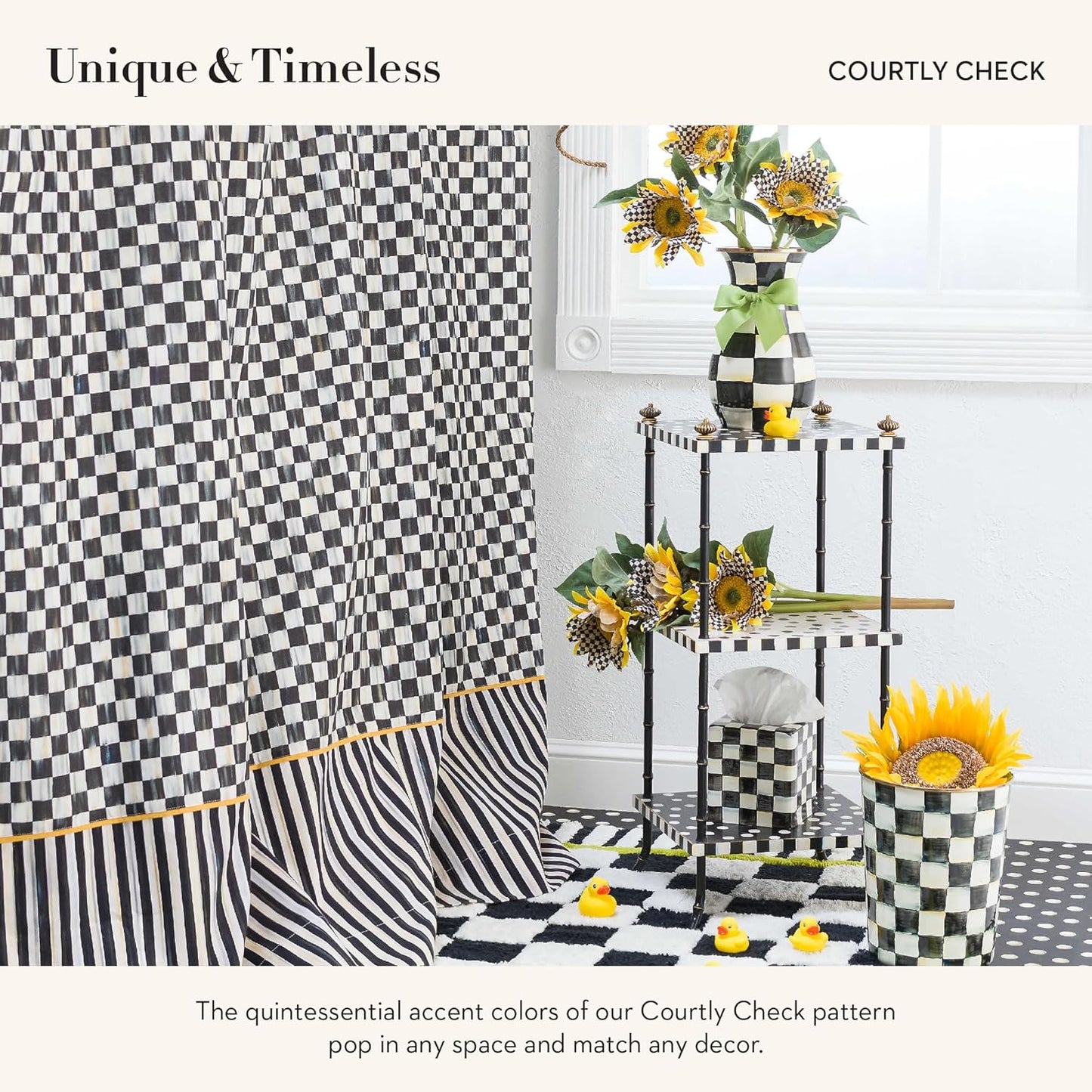 MACKENZIE-CHILDS Fabric Shower Curtain, Decorative Bathroom Shower Curtain with Eyelet Hang Holes, 72 Inches by 72 Inches, Black-and-White Courtly Check