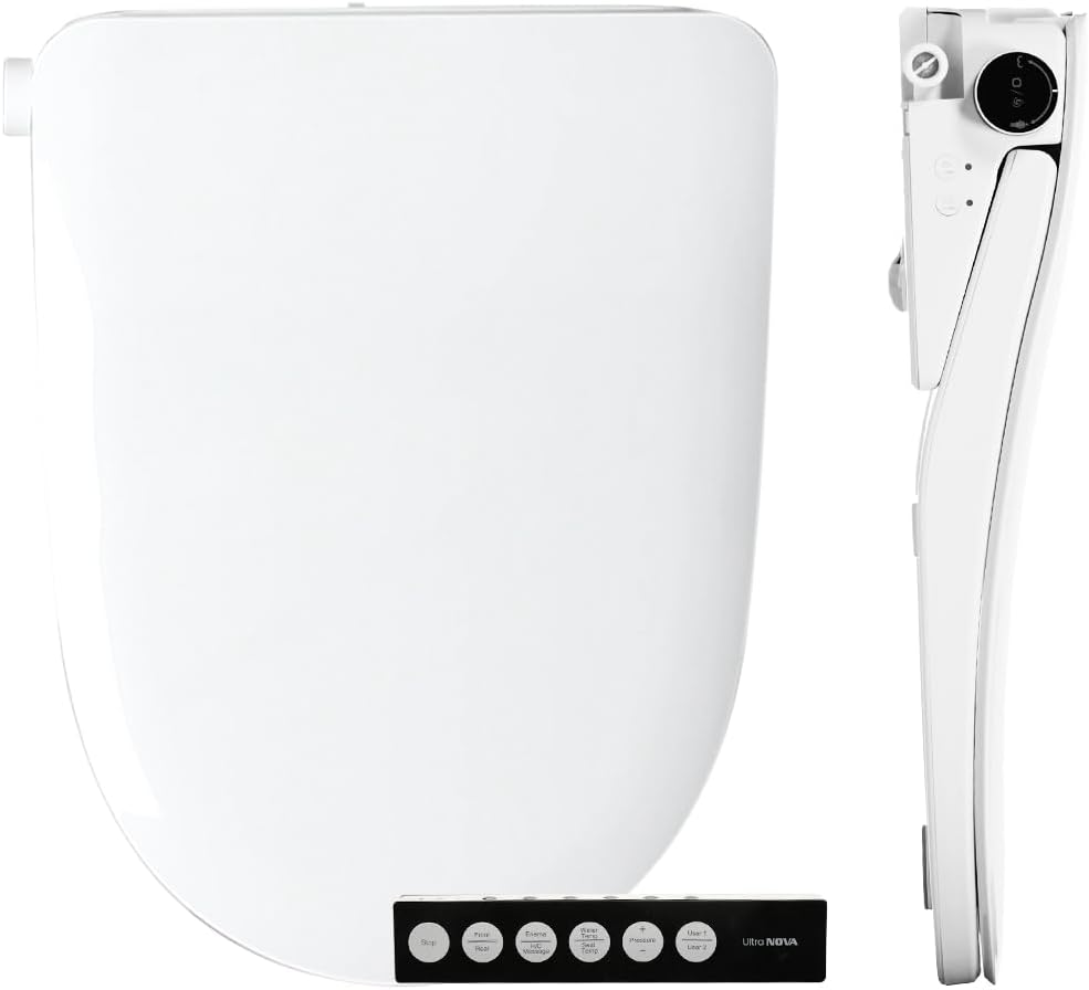 Eco Nova Elongated Bidet Toilet Seat, White, Slim Profile, Stainless Steel Nozzle, Unlimited Warm Water, LED Night Light, Wireless Remote Control With Wall Mount, Sittable Lid, 4 Year Warranty