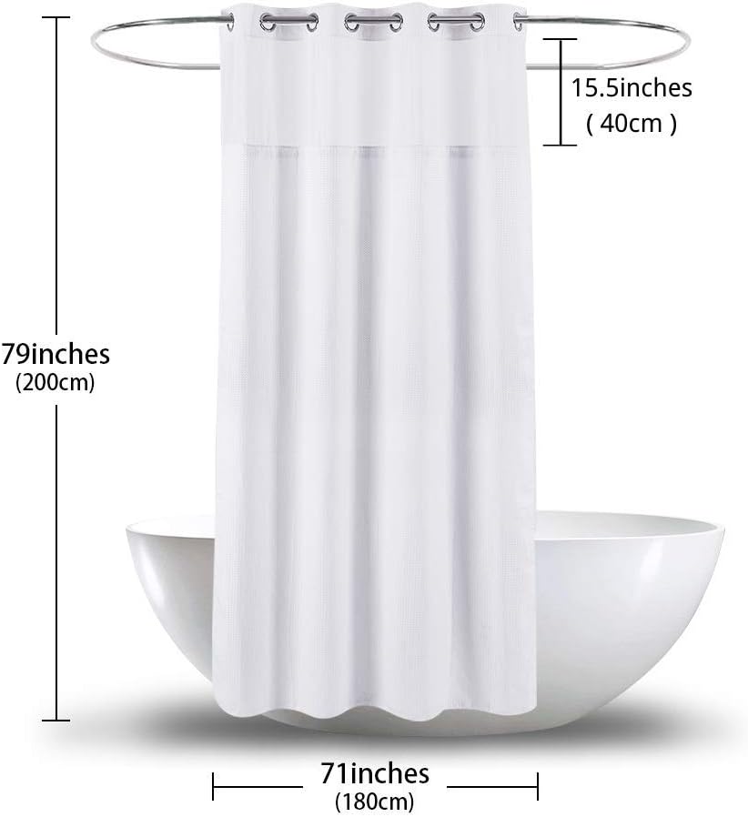 Hotel Grade Waffle Weave Fabric Hook Free Shower Curtain with Magnets Snap-in Liner - Heavy Duty Bath Curtain with See Through Top Machine Washable 71" W * 79“ L White