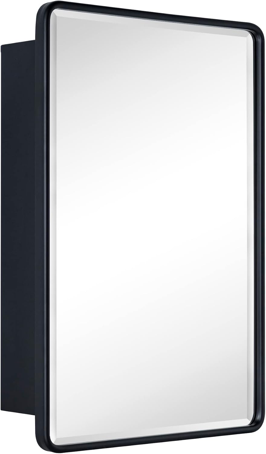 TEHOME Surface Mount 16x24 Black Bathroom Medicine Cabinet with Mirror Matt Black Metal Framed Rounded Rectangle Medicine Cabinet with Beveled Mirror