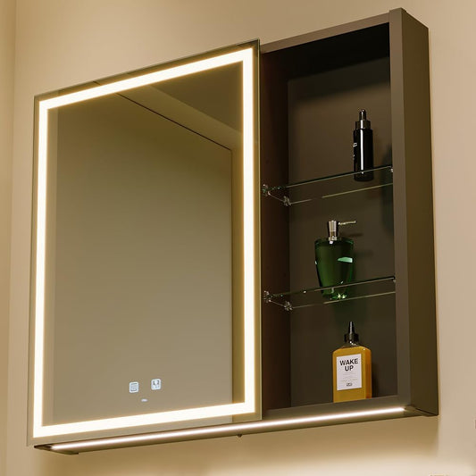 KWW LED Lighted Bathroom Medicine Cabinet with Sockets & USBs, Defogger, Dimmable, 3 Color Light Makeup Mirror, Easy to Install, Wall Mounted Cabinet (29.5 * 28)