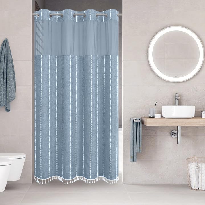Boho Farmhouse No Hook Shower Curtain Set with Snap-in Fabric Liner,Heavy-Duty Linen Textured Rustic Striped Design,Water-Repellent with Tassels and Sheer Window,Cream/Beige,71x74