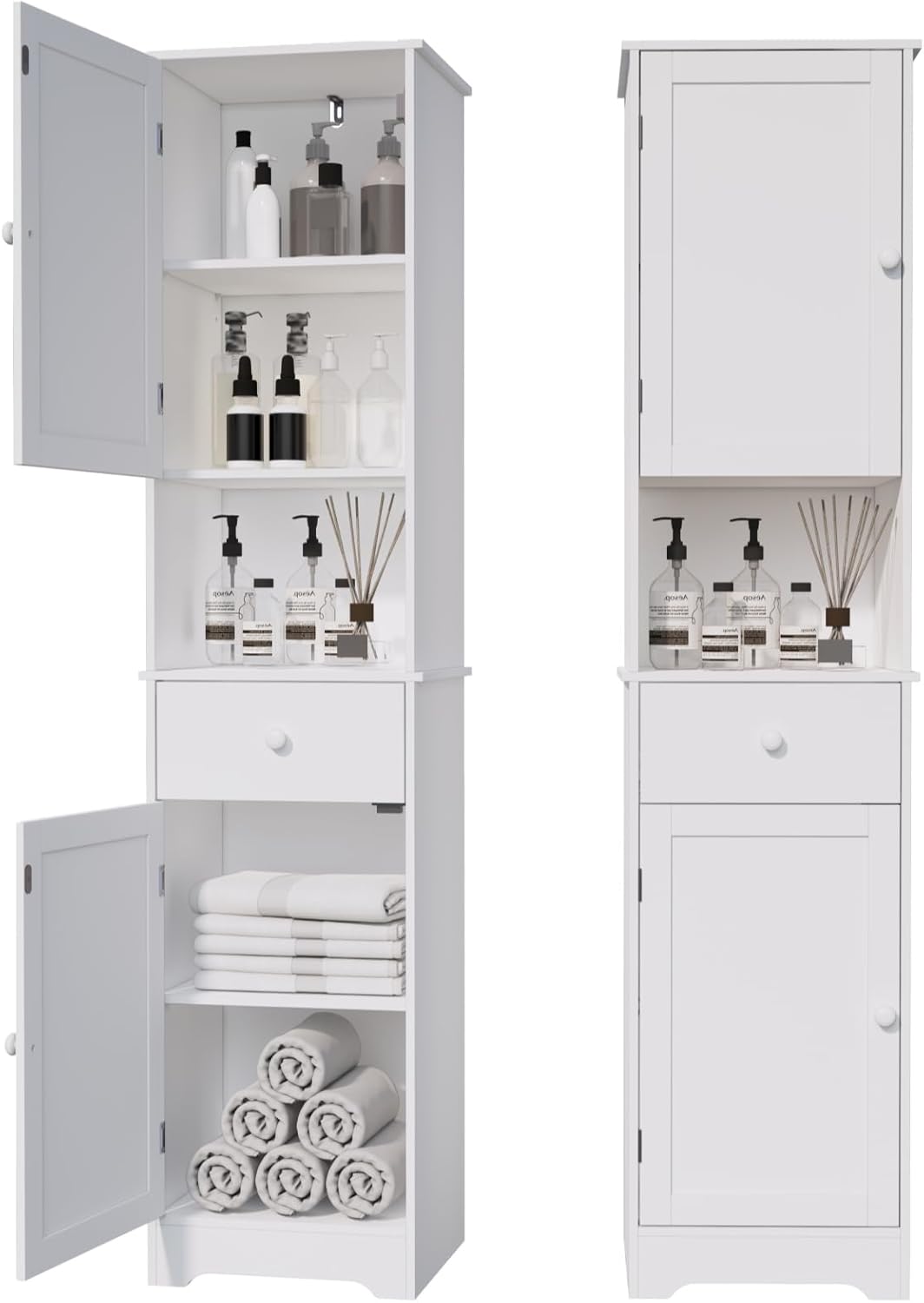 Tall Bathroom Cabinet, Storage Cabinet with 2 Doors & 2Drawer, with Ajustable Shelve, for Bathrooms, Kitchens,Entrances,Bedrooms（White）