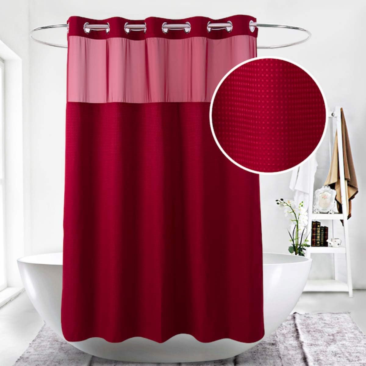 Hotel Grade Waffle Weave Fabric Hook Free Shower Curtain with Magnets Snap-in Liner - Heavy Duty Bath Curtain with See Through Top Machine Washable 71" W * 79“ L White