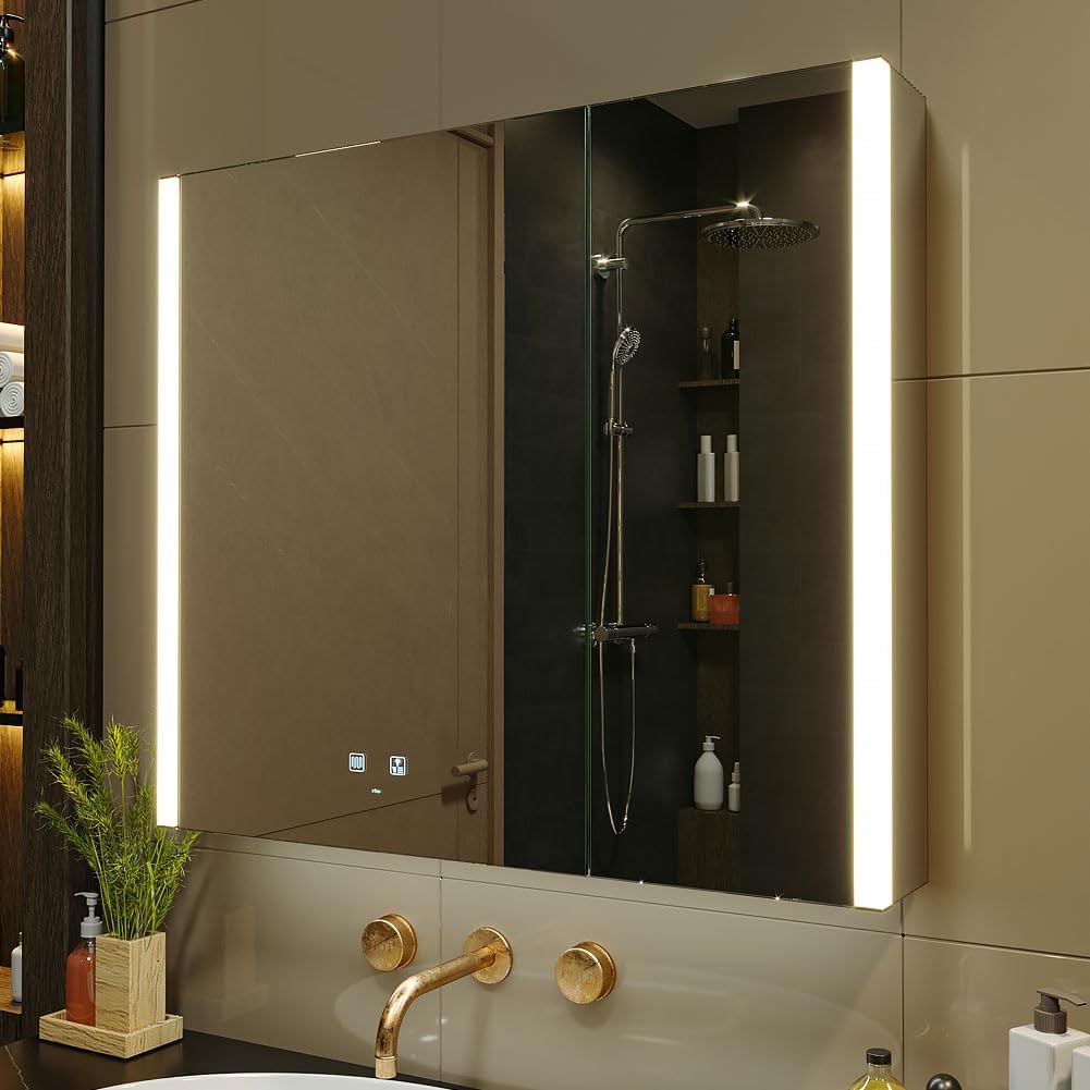 KWW LED Lighted Bathroom Medicine Cabinet with Sockets & USBs, Defogger, Dimmable, 3 Color Light Makeup Mirror, Easy to Install, Wall Mounted Cabinet (29.5 * 28)