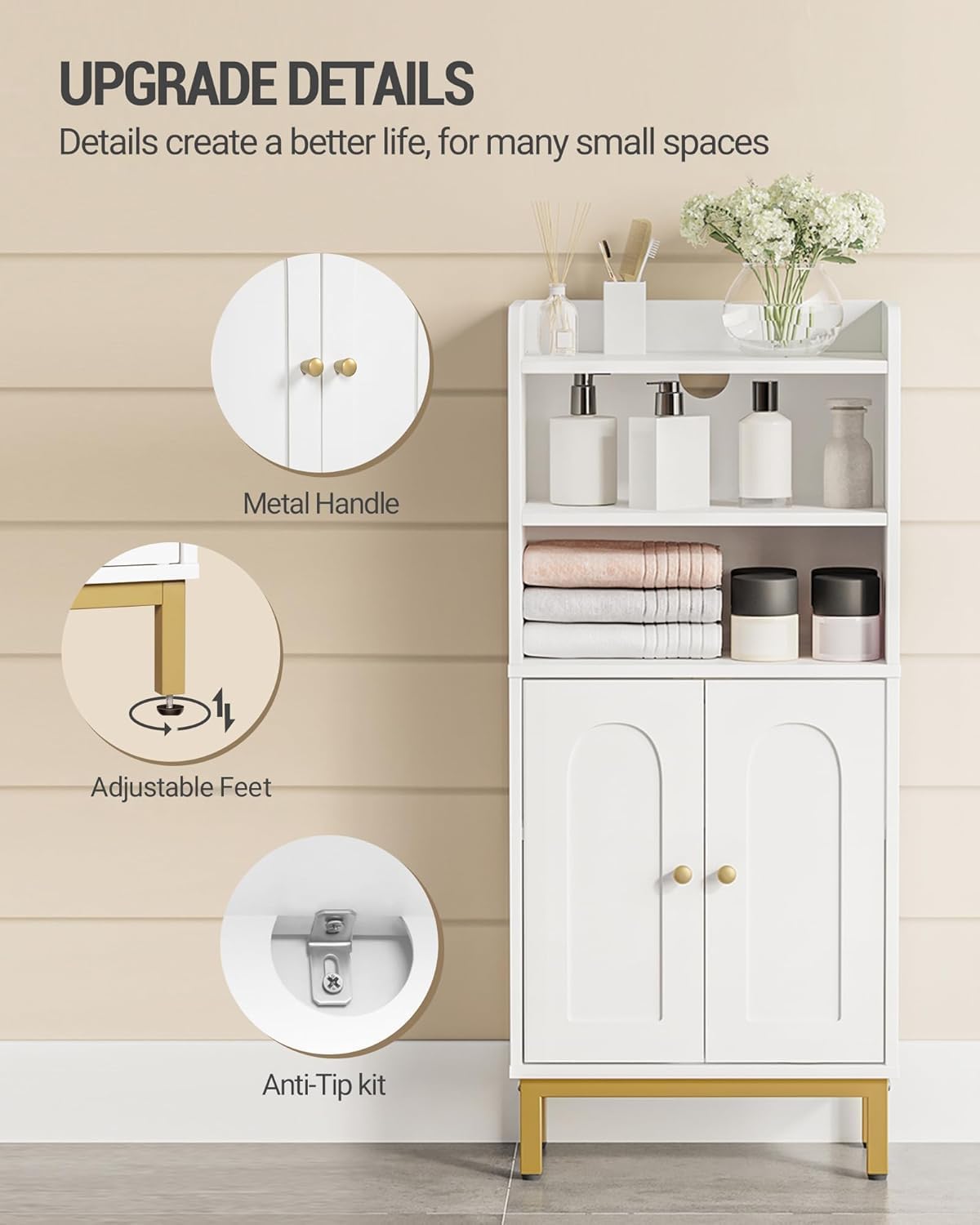 Bathroom Storage Cabinet, Small Floor Cabinet with 2 Door and Shelves, Toilet Paper Cabinets, Bathroom Organizer with Adjustable Shelf, for Small Spaces (Modern, White)