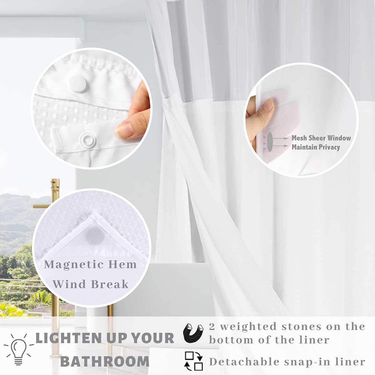 Hotel Grade Waffle Weave Fabric Hook Free Shower Curtain with Magnets Snap-in Liner - Heavy Duty Bath Curtain with See Through Top Machine Washable 71" W * 79“ L White